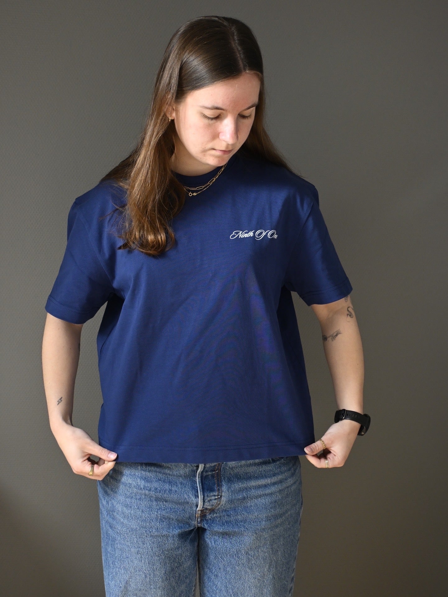 Boxy Logo Tee Navy – Ninth Of One